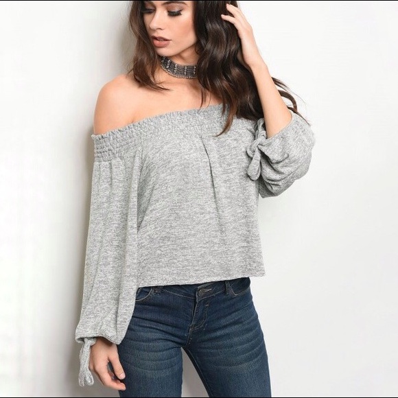 Honey Punch Tops - Grey Off-Shoulder Long Sleeve Top